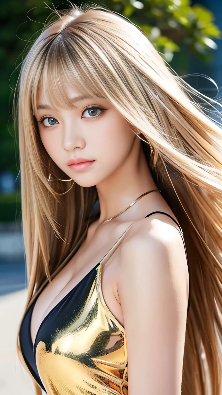 Sexy big 、Sexy cute looks and cute 15 year old beautiful girl, Beautiful and sexy face、A strong wind blows my hair in front of my face、Long, metallic blonde straight hair、Long, cute and sexy eyes、Hidden in the long bangs