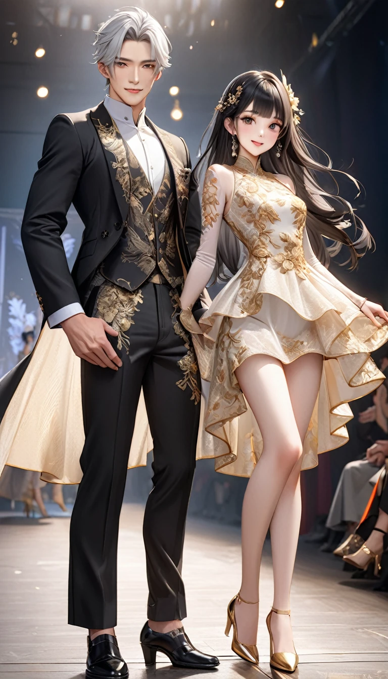 ( perfect anatomy )Charming oriental girl with long black hair, and a handsome silver-haired boy.Glorious clothing models on the catwalk.Showcasing this year’s latest fashionable dresses. Dynamic pose detail face. realistic eyes. The face and eyes are very detailed. delicate skin.Sichuan gold thread high heels、delicate skin texture smile,Soft Light, Professional photography master'artwork, texture, complicated, Clear, High-quality masterpieces,Extremely complicated and exquisitely detailed, Super detailed, Super detailed digital art