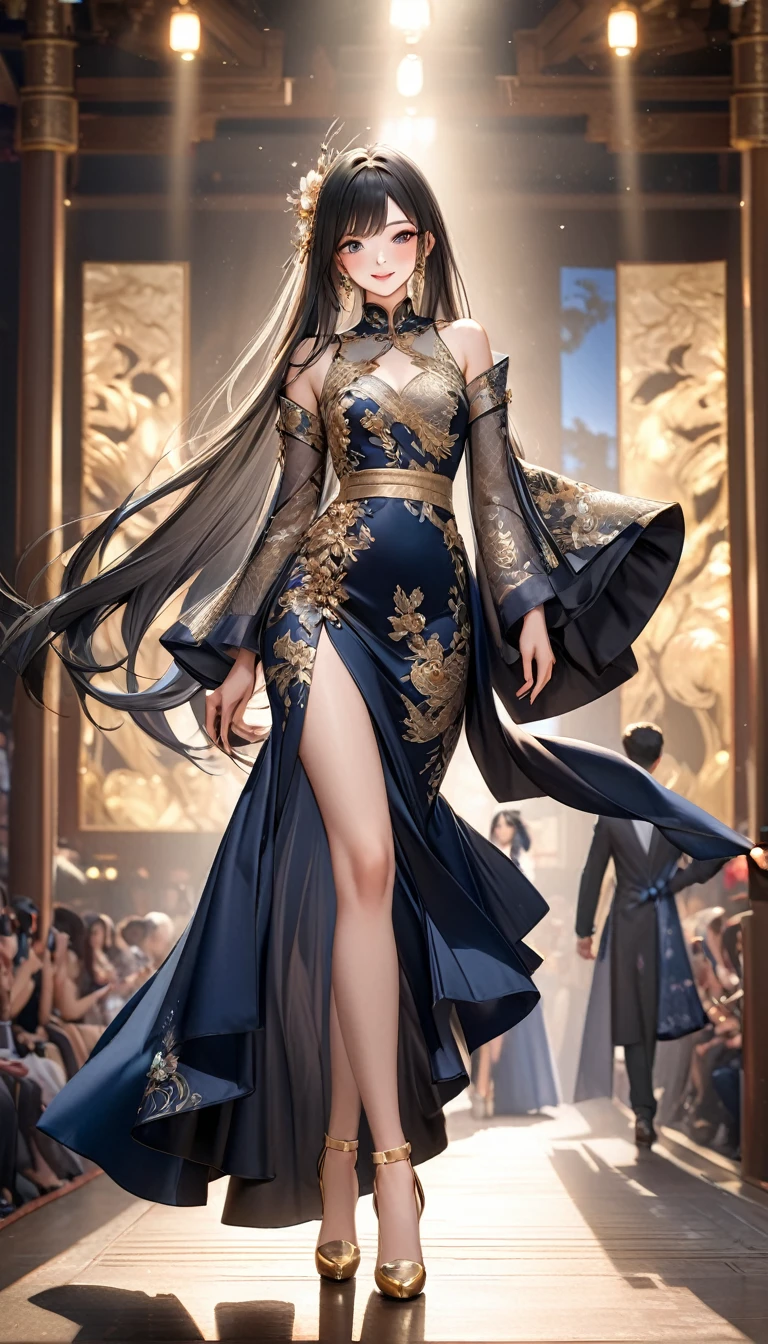 ( perfect anatomy )Anime charming black long hair oriental beauty girl, A dazzling clothing model on the catwalk.Showcasing this year’s latest fashionable dresses. Dynamic pose detail face. realistic eyes. The face and eyes are very detailed. delicate skin.、delicate skin texture smile,Soft Light, Professional photography master&#39;artwork, texture, complicated, Clear, High-quality masterpieces，Extremely complicated and exquisitely detailed, Super detailed, Super detailed digital art 
