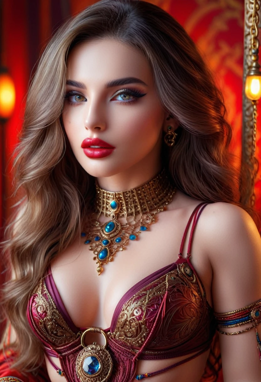 a beautiful sexy woman izabela ion, Extremely detailed face and eyes, long eyelashes, beautiful detailed lips, elegant and intricate bracelet, tight bondage, sensual harem girl costume, Very detailed, photorealistic, 8k, studio lighting, vivid colors, cinematographic composition (