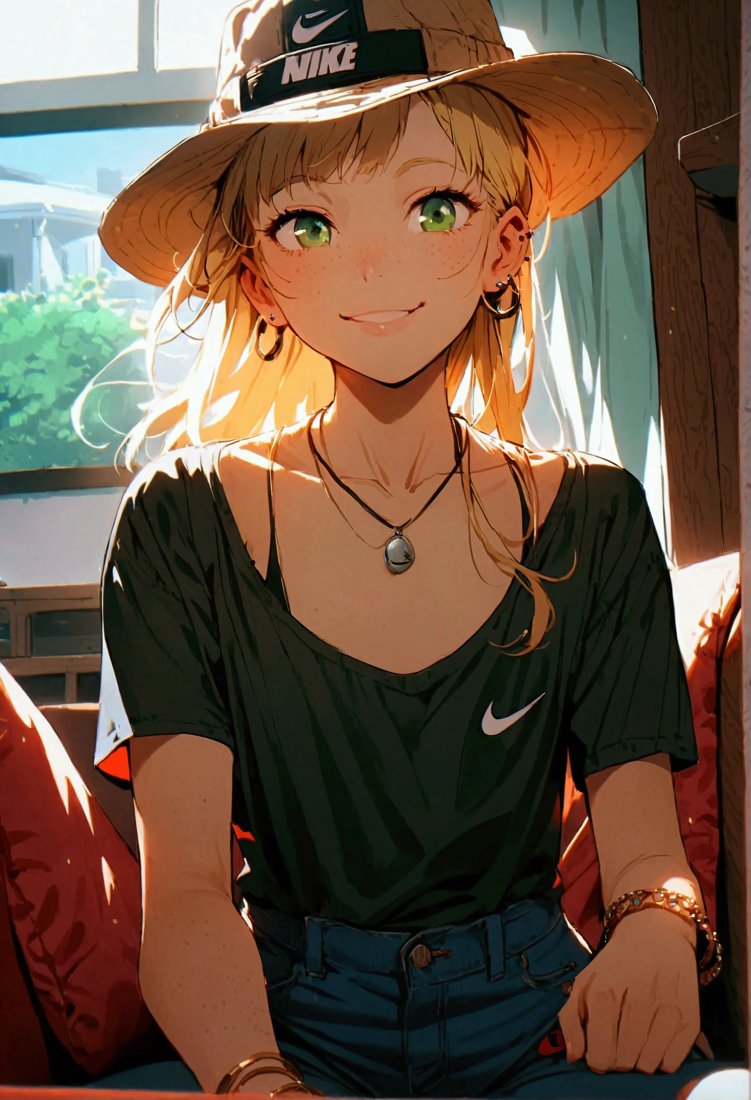 cheeky, freckled, blonde girl, green eyes, flat chest, pert butt, fishing hat, ear piercing, expensive pendant, bracelet, tight t-shirt, jeans, white mini skirt, Nike sneakers, cheeky smile, sitting on the couch house, tv background, echi, cinematic, dramatic, POV, dynamic view, full body,