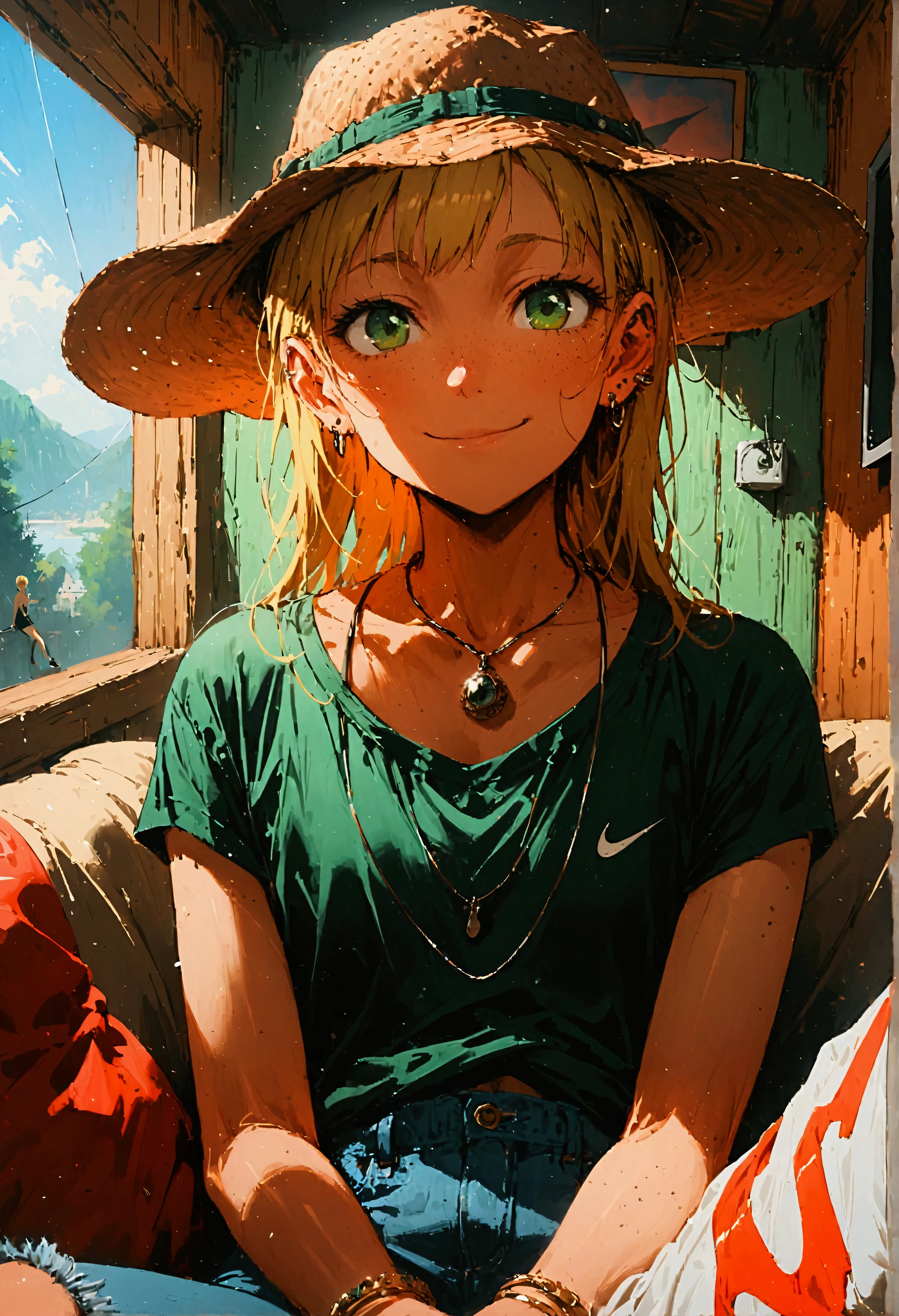 cheeky, freckled, blonde girl, green eyes, flat chest, pert butt, fishing hat, ear piercing, expensive pendant, bracelet, tight t-shirt, jeans, white mini skirt, Nike sneakers, cheeky smile, sitting on the couch house, tv background, echi, cinematic, dramatic, POV, dynamic view, full body,