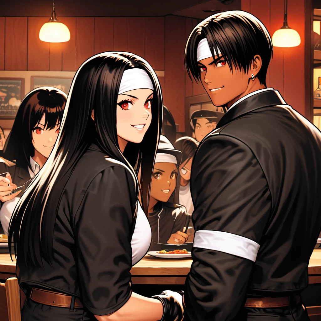 Orochikyo, Dark Skin,Red eyes,Black jacket, Fingerless gloves, Black Hair,White T-shirt, White headband, Black trousers, White shoes, Brown belt, good looking,indoor, charm, masterpiece, High resolution, Detailed face,fine grain, A confident grin,Dining with friends at a restaurant,speaking