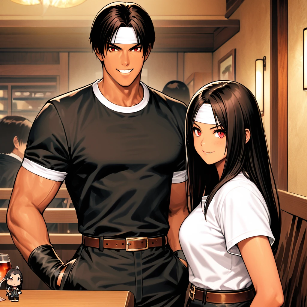 Orochikyo, Dark Skin,Red eyes,Black jacket, Fingerless gloves, Black Hair,White T-shirt, White headband, Black trousers, White shoes, Brown belt, good looking,indoor, charm, masterpiece, High resolution, Detailed face,fine grain, A confident grin,Dining with friends at a restaurant,speaking
