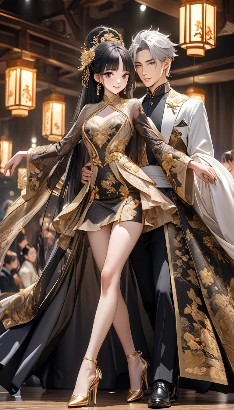 ( perfect anatomy )Charming oriental girl with long black hair, and a handsome silver-haired boy.Glorious clothing models on the catwalk.Showcasing this year’s latest fashionable dresses. Dynamic pose detail face. realistic eyes. The face and eyes are very detailed. delicate skin.Sichuan gold thread high heels、delicate skin texture smile,Soft Light, Professional photography master'artwork, texture, complicated, Clear, High-quality masterpieces,Extremely complicated and exquisitely detailed, Super detailed, Super detailed digital art