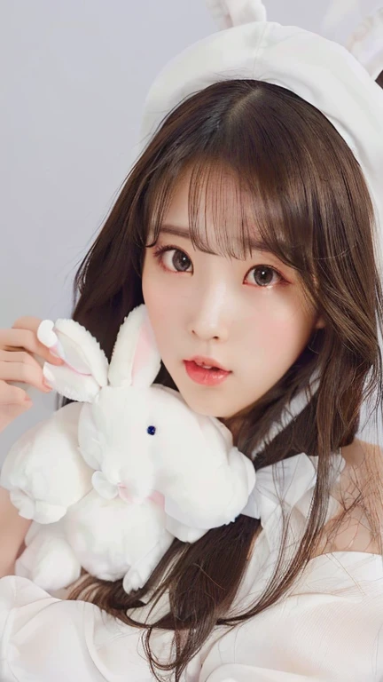 araffe girl in a white hat holding a white bunny, ulzzang, with long floppy rabbit ears, with big rabbit ears, cute fumo plush bunny girl, ultrarealistic sweet bunny girl, sakimichan, Chiho, narumi kakinouchi, Yoshitomo Nara, cute kawaii girl, with bunny rabbit ears