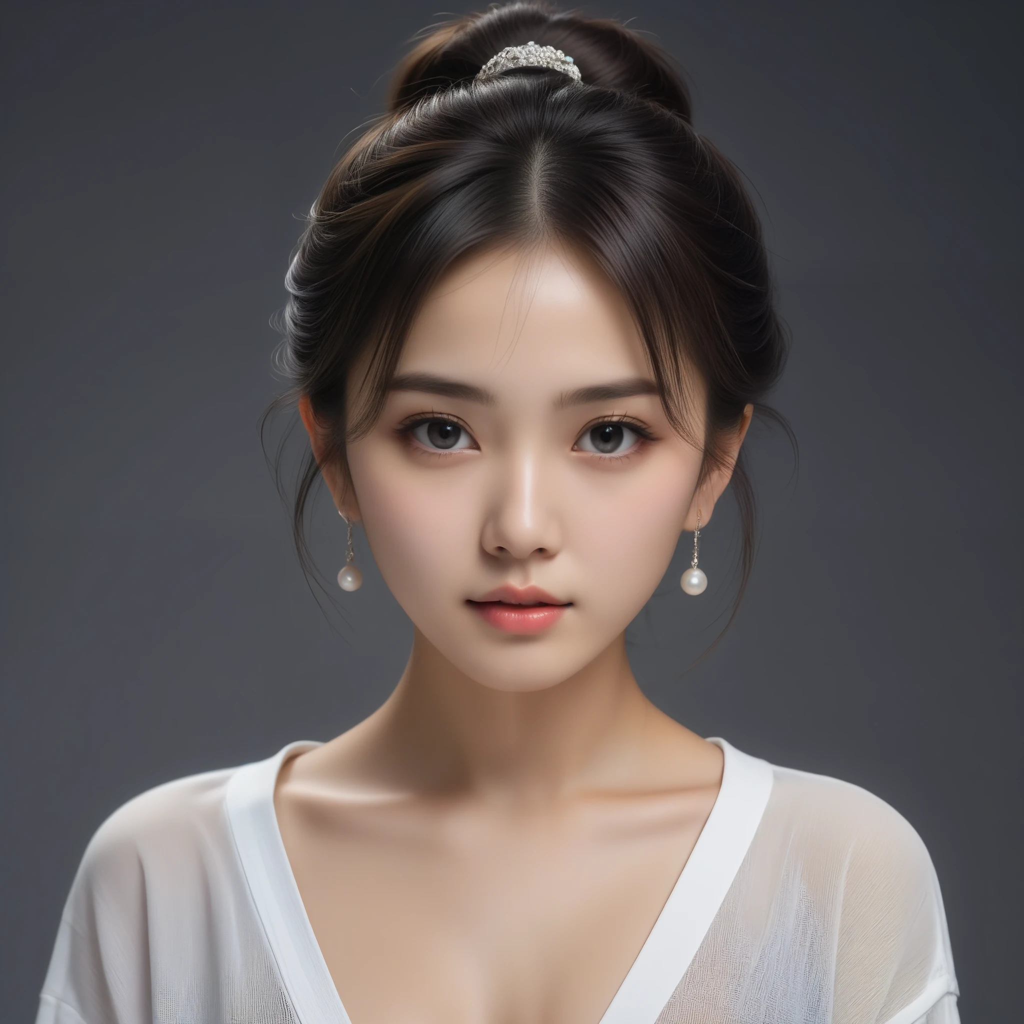 8k, Ultra-high resolution, Highest quality, masterpiece, 三分割法によるphotograph,Surreal, photograph, 1 Girl, (16 years old:1.3), pretty girl, Cute Face, 細部までBeautiful Eyes, 細かくdetailedに,masterpiece,One Girl:1.2,Japan Female Teachers,extream close up,sad,streaming tears,Black short hair,Messy bun hair,(印象派の美しい少女のPortraiture), (Gray background:1.3),(Impressionist light and colour), (Black see-through shirt:1.3), Perfect dynamic composition,Beautiful Eyes、Big earrings,Realistic Skin, Perfect and beautiful face ,完璧でCute Face, Skin with attention to detail, Perfect limbs、Narrow waist,Looking at the audience,(((Ideal body type))),A cup small breasts :2,Portraiture:2,Perfect Anatomy,鮮明なdetailed,detailed,Surreal,Light and shadow,darkness