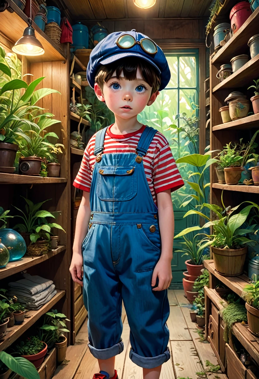 A  in blue overalls, a red and white striped t-shirt and a peaky blinder cap discovers a hidden world inside her wardrobe, full of Ghibli-inspired mystical creatures and glowing plants.