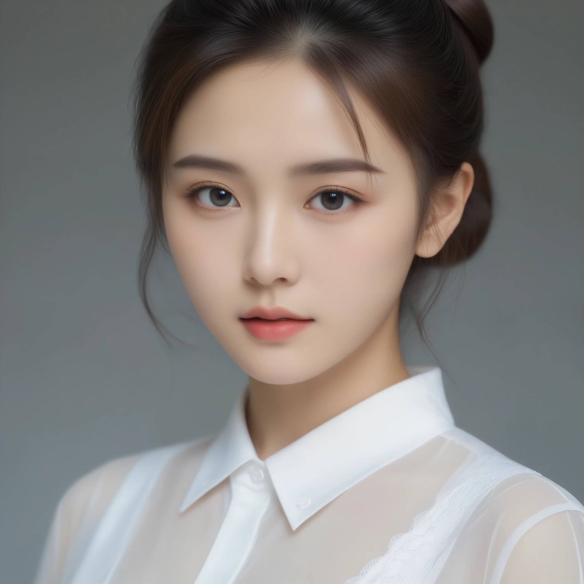 8k, Ultra-high resolution, Highest quality, masterpiece, 三分割法によるphotograph,Surreal, photograph, 1 Girl, (:1.3), pretty girl, Cute Face, 細部までBeautiful Eyes, 細かくdetailedに,masterpiece,One Girl:1.2,Japan Female Teachers,extream close up,sad,streaming tears,Black short hair,Messy bun hair,(印象派の美しい少女のPortraiture), (Gray background:1.3),(Impressionist light and colour), (Black see-through shirt:1.3), Perfect dynamic composition,Beautiful Eyes、Big earrings,Realistic Skin, Perfect and beautiful face ,完璧でCute Face, Skin with attention to detail, Perfect limbs、Narrow waist,Looking at the audience,(((Ideal body type))),A cup small breasts :2,Portraiture:2,Perfect Anatomy,鮮明なdetailed,detailed,Surreal,Light and shadow,darkness