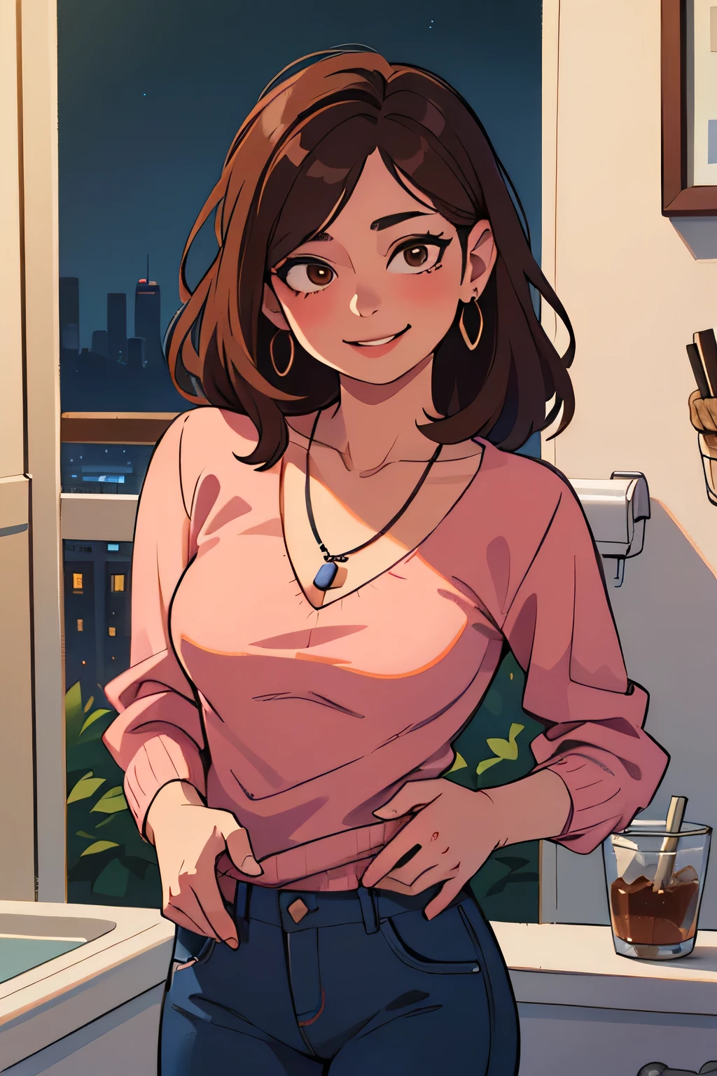 ((Night, Realistic Light, Best Quality, 8K, Masterpiece: 1.3)), 1girl, Slim Beauty: 1.4, (Brown hair, Medium breasts: 1.3), Long pink sweater: 1.1, Bathroom, Super fine face, Delicate eyes, Double eyelids, smile, necklace