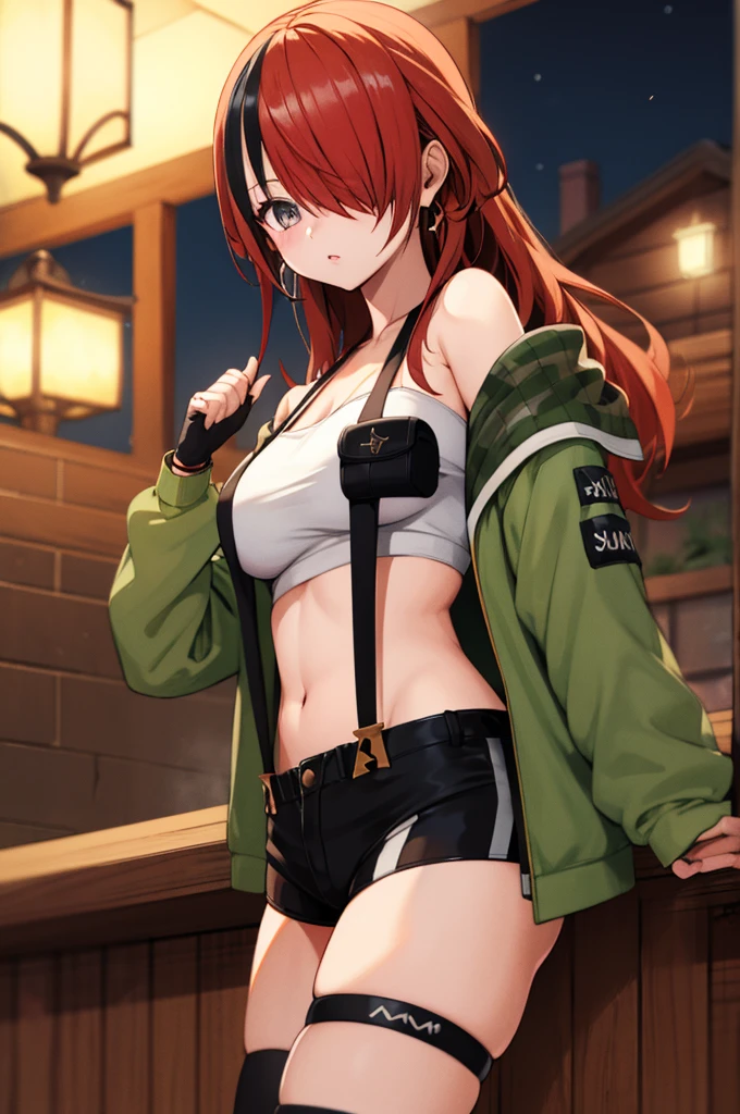 , hmlain, long hair, , ponytail, streaked hair, hair over one eye,, , hair over one eye, earrings, ,indoor,night view,looking viewer,, tube top, pouch, off shoulder, green jacket, open jacket, long sleeves, fingerless gloves, midriff, suspender shorts, black shorts, thigh strap, black thighhighs,big breasts