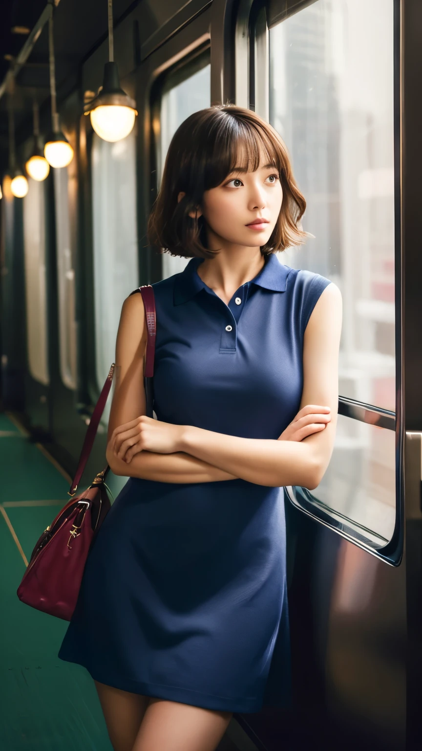 ((8K)、top-quality、masterpiece、超A high resolution:1.2)Photo Beautiful Japan woman(pleasing:1.1) Elegance、There is a good、Transparent atmosphere、Beautiful face、Gradient lighting、1girl in、Delicate skin、Look into the distance、Brown-eyed、(short hair with bangs:1.2)、(breasts are large:1.0)、(medium areola:0.8)、(realisitic:1.4)、(top-quality:1.0)、(超A high resolution:1.0)、8K、Raw photography、(masterpiece:0.2)、(pureerosface_v1:0.5)、Contrast Trim Polo Neck Bodycon Dress、Onepiece、Polo shirt style dresses、Super Mini Length、the skirt is short、Futomo、cotton clotheini dress、Collared dress、no sleeves、Sleeveless、The clothes are dark blue and the collar is white、Tight silhouette、Super mini skirt length、Ralph lauren、want me、a kirts that are too short、I almost saw my panties.、Take your eyes off、JR Yamanote Line at night、on train、by the window、erect through、total darkness、subject、Lean、Look here、tote bags、deep in the night、Ass big、Kinda chubby、