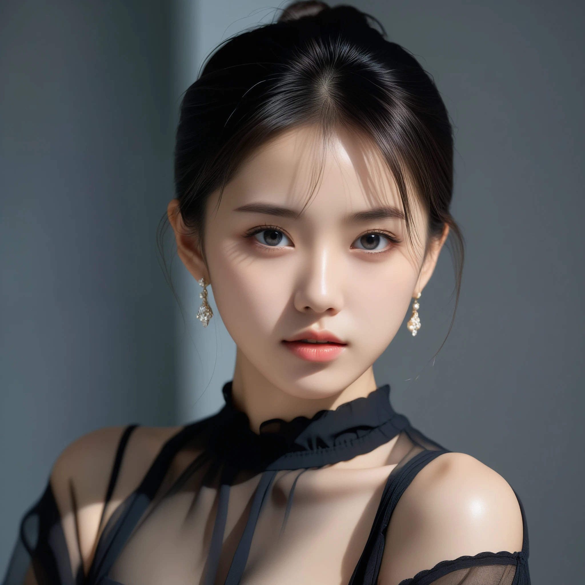 8k, Ultra-high resolution, Highest quality, masterpiece, 三分割法によるphotograph,Surreal, photograph, 1 Girl, (:1.3), pretty girl, Cute Face, 細部までBeautiful Eyes, 細かくdetailedに,masterpiece,One Girl:1.2,Japan Female Teachers,extream close up,sad,streaming tears,Black short hair,Messy bun hair,(印象派の美しい少女のPortraiture), (Gray background:1.3),(Impressionist light and colour), (Black see-through shirt:1.3), Perfect dynamic composition,Beautiful Eyes、Big earrings,Realistic Skin, Perfect and beautiful face ,完璧でCute Face, Skin with attention to detail, Perfect limbs、Narrow waist,Looking at the audience,(((Ideal body type))),A cup small breasts :2,Portraiture:2,Perfect Anatomy,鮮明なdetailed,detailed,Surreal,Light and shadow,darkness