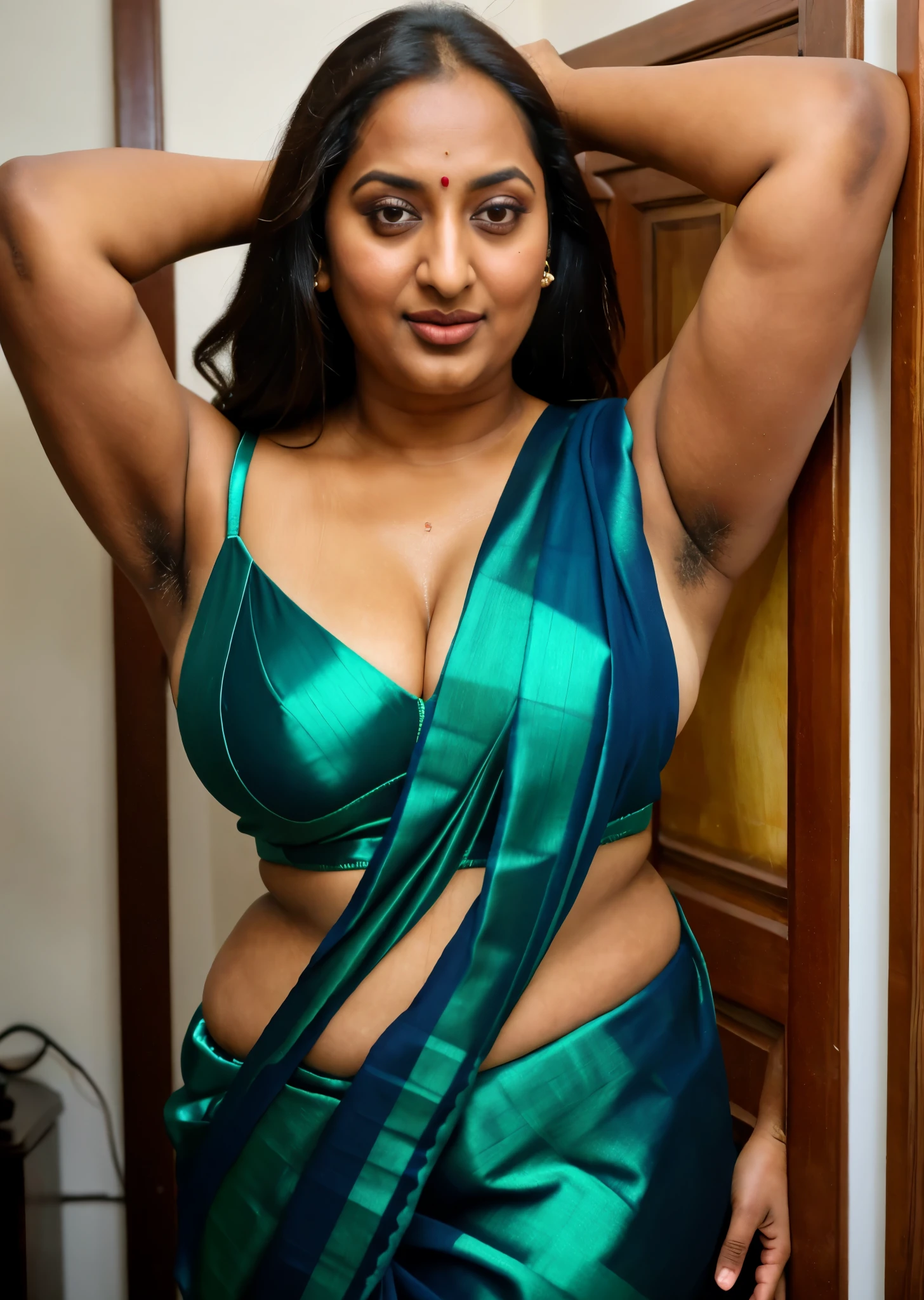 Realistic Representation of Savita bhabhi, tempting figure, busty aunty, goddess of lust, cougar lady, mommy, mommy figure, bulky figure, big milkers, doodhwali, sizzling hot,  Nextdoor aunty bhabhi , chubby aunty, sweat, oiled body, irresistibly hot, inspired by famous Indian adult comics by amarshrostha, Foto RAW, photorealistic, photography, full body shot, 50 years old Woman, master shot, perfect eyes, goddess like beauty, pierced eyes, perfect thick chubby mallu Desi aunty bhabhi, Wearing a Stanapatta, a chest-band.Saree model, model Photography, Indian saree shoot, Indian traditional wear advertising photography, traditional wear brand shoot, face of Indian actress Sonakshi Sinha, masterpiece, realistic, realism, incredible details,  pleasure, photorealism, detailed skin, skin pores, high contrast, photorealistic Artstation 8k HD digital art trend of high definition and detailed realistic skin texture, ultra detail, realistic skin texture, armature, best quality, ultra high definition, (photorealistic:1.4),, high resolution, detail, raw photo, sweat, Re sharp, by Lee Jefferies Nikon D850 Film Stock Photo 4 Kodak Portra 400 Camera F1.6 Lens Rich Color Ultra Real Realistic Realistic Textures Dramatic Lighting Unreal Engine Trending at Art Station Cinestill 800,(pele altamente detalhada: 1.2), 8k UHD, DSLR, soft-lighting, alta qualidade, grain of film, Fujifilm XT3,she didn't like to wear blouse or bra, intricate, she is happy to wear only saree, she hates blouse or bra, detailed hairy armpits, hyper realistic skin, skin pores, veins, wet body, hyper realistic sweaty body, sweat, veins, short hairs on armpit, stubble armpits, hyper realistic hairy armpits, low waist saree, deep juicy navel, insane details, sexy lonely indian housewife daily Life style, RAW skin texture, 