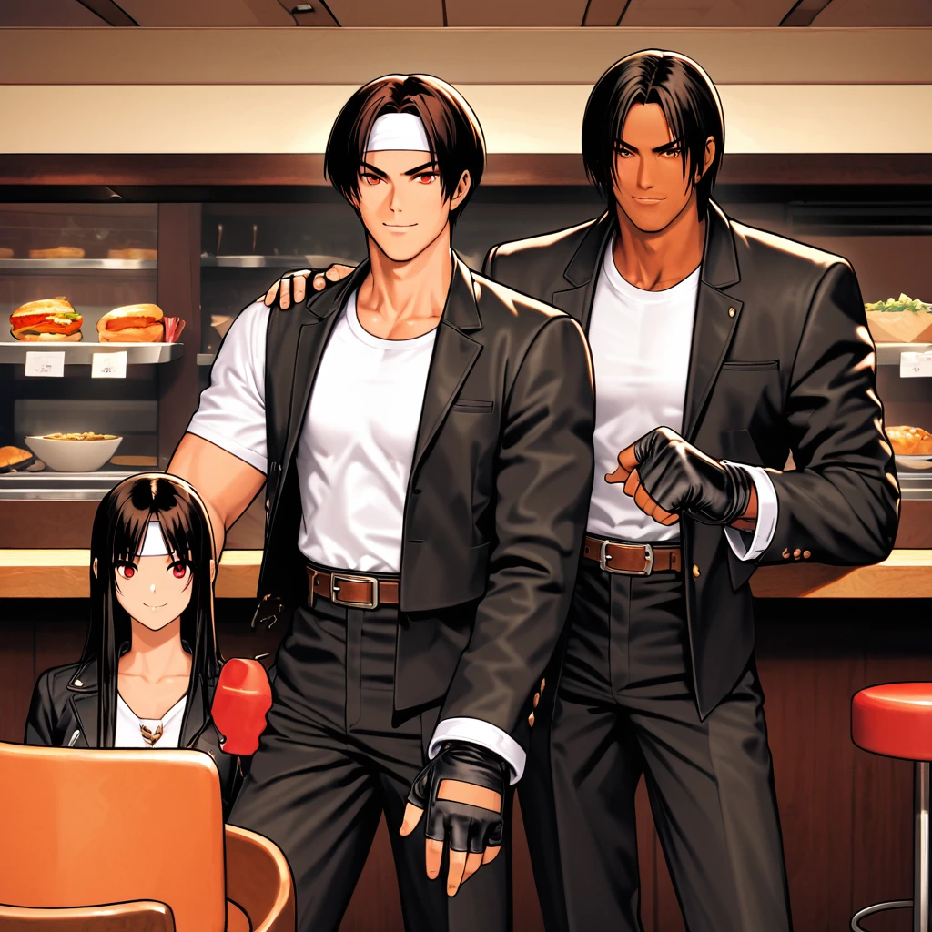Orochikyo, Dark Skin,Red eyes,Black jacket, Fingerless gloves, Black Hair,White T-shirt, White headband, Black trousers, White shoes, Brown belt, good looking,indoor, charm, masterpiece, High resolution, Detailed face,fine grain, A confident grin,Eating at a restaurant with your lover,They are talking happily.