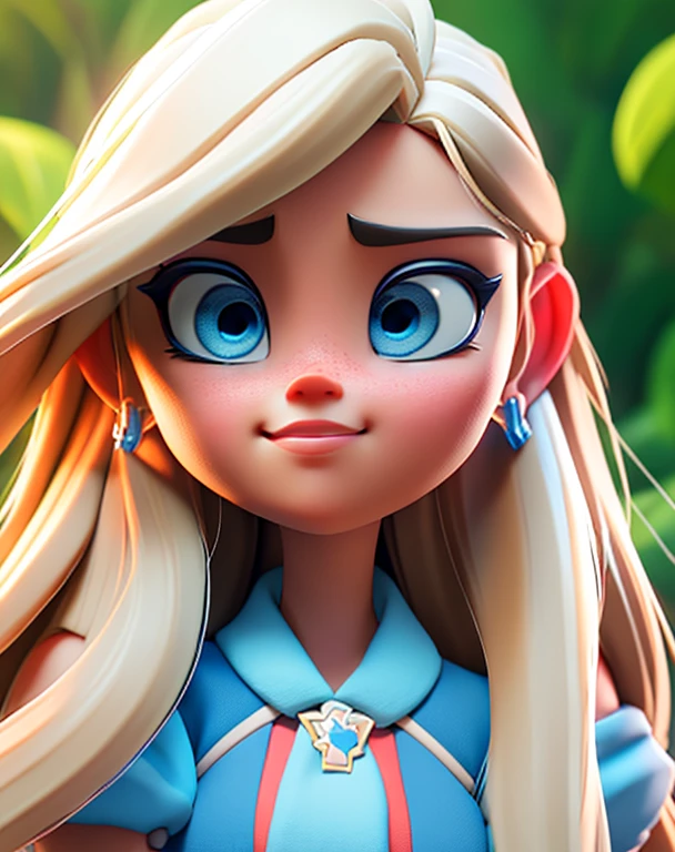 A photo from a 3D Disney movie of a pretty girl with long, straight blonde hair and blonde highlights. In the Pixar, Disney style, beautiful clear and detailed face, huge blue eyes, adorable. Summer vibes. Unreal 8k octane rendering engine