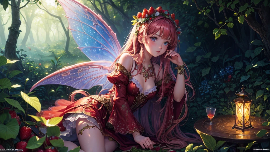 ( Absurd, High quality, ultra-detailed, masterpiece, concept art, smooth, highly detailed artwork, hyper-realistic painting ) , tiny , strawberry girl, Strawberries, cute, whole body, Romantic, Vivid, dreamy, fantasy, fairy wings, in the forest, enchanting glow, very detailed art, reveal clothes, sexy lace underwear