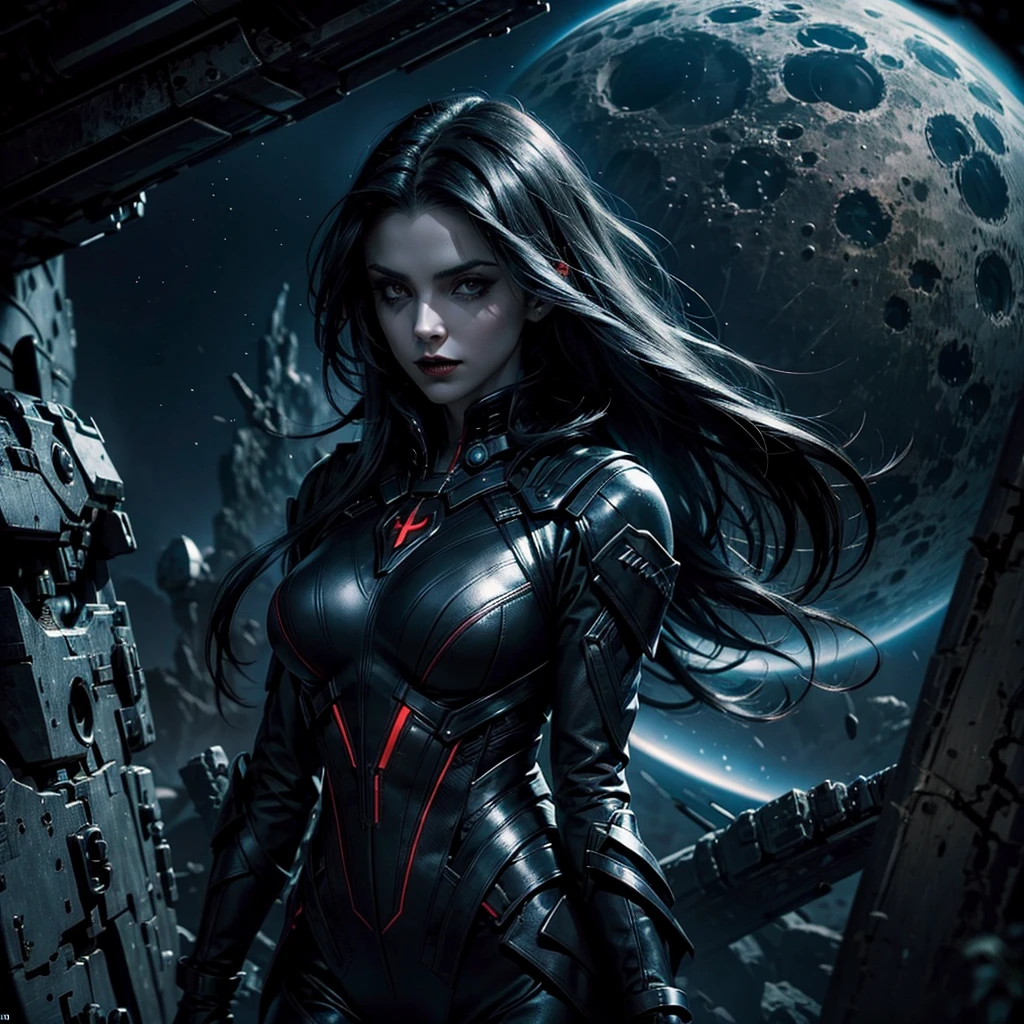 a dark vampire woman in a futuristic uniform as she looks around a mysterious planet that hides dark mysteries