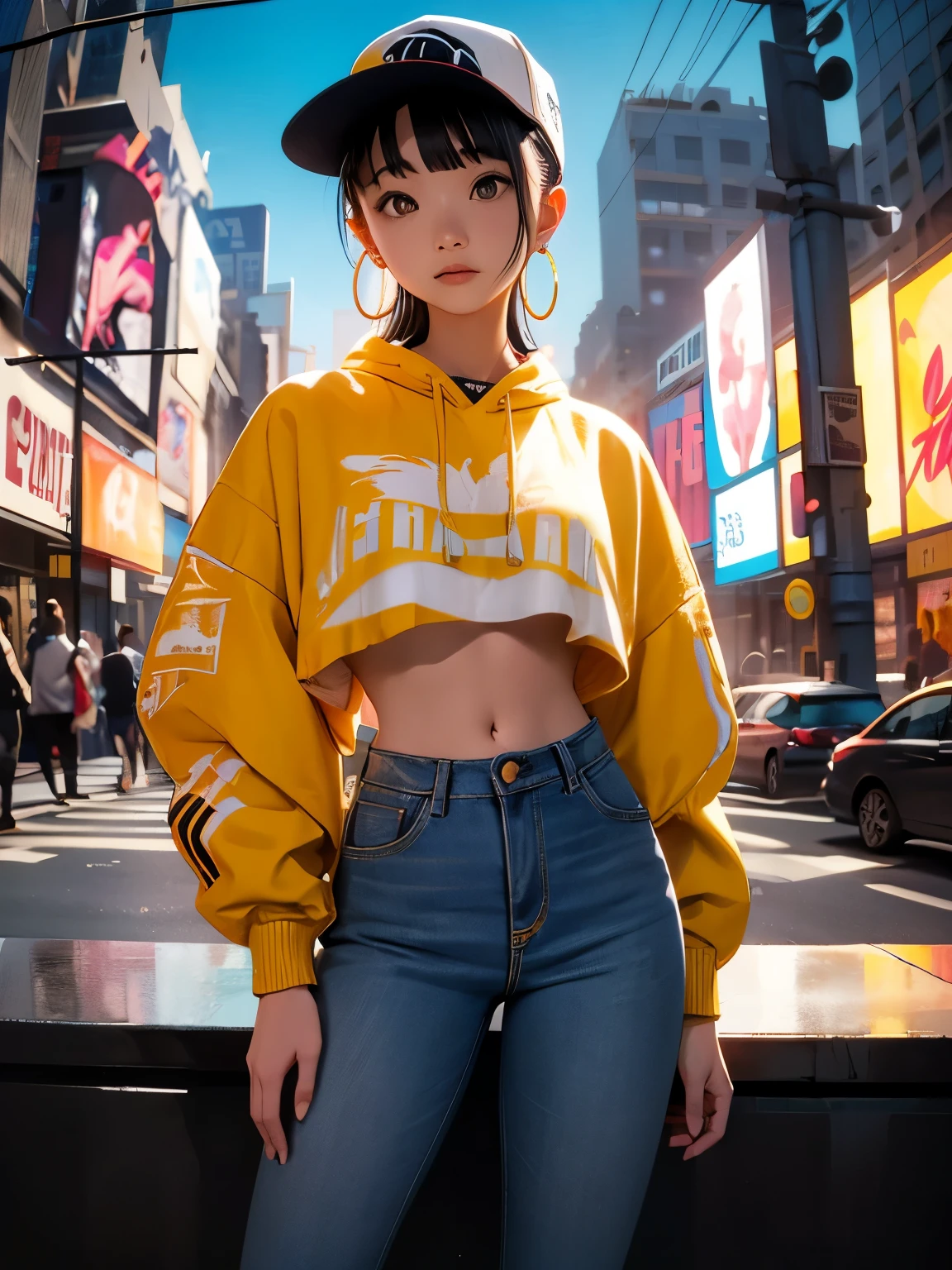 (Noriko Ogawa), (Cowboy Shot), fisheye, girl, alone, Female Model, Hip Hop Style, big hoop earrings, Buggy jeans, Crop top, sneakers, Graffiti Background, Confident pose, Gold chain, Street fashion, New York Cityscape , The generated image is、Attracting attention in fashion magazines and on social media、