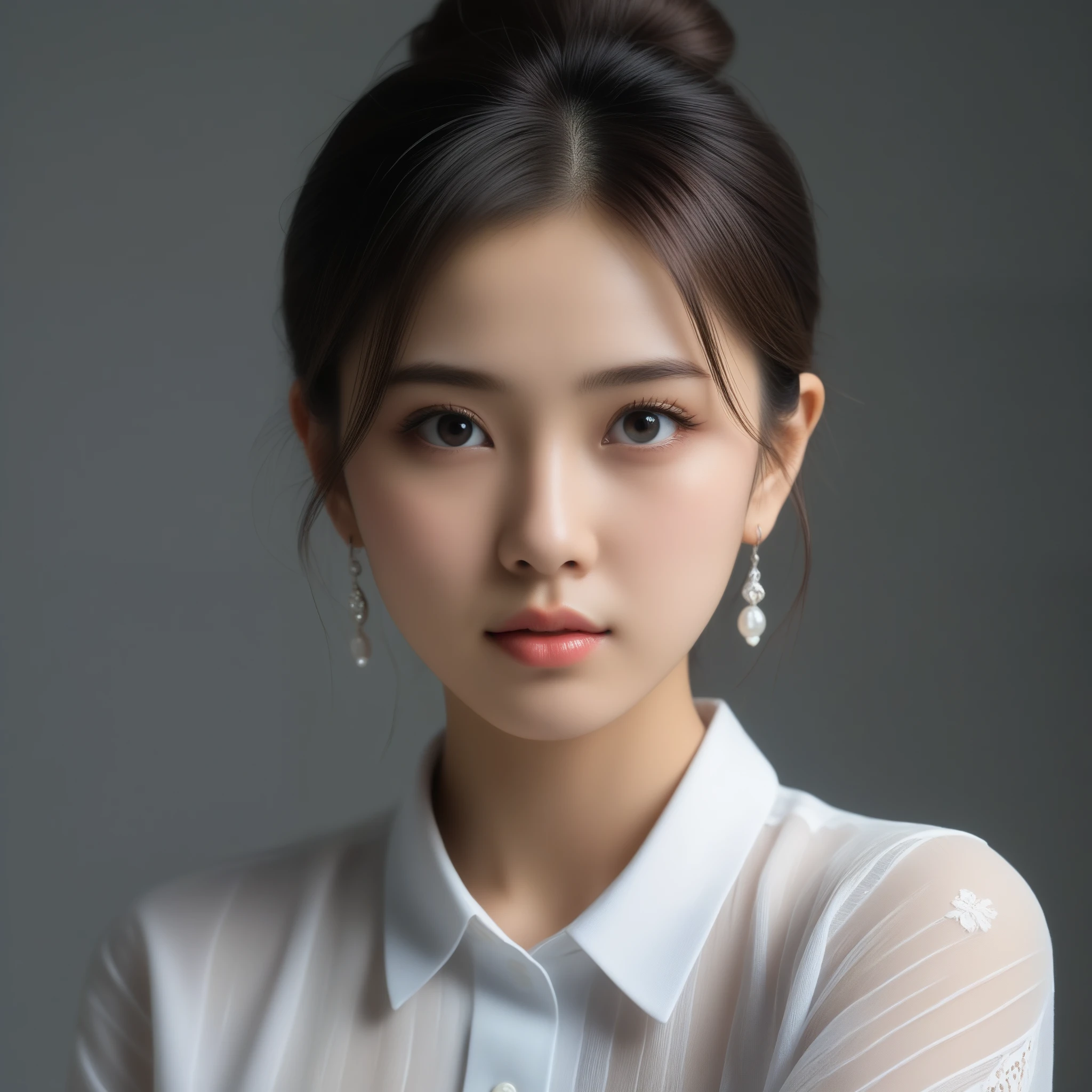 8k, Ultra-high resolution, Highest quality, masterpiece, 三分割法によるphotograph,Surreal, photograph, 1 Girl, (16 years old:1.3), pretty girl, Cute Face, 細部までBeautiful Eyes, 細かくdetailedに,masterpiece,One Girl:1.2,Japan Female Teachers,extream close up,sad,streaming tears,Black short hair,Messy bun hair,(印象派の美しい少女のPortraiture), (Gray background:1.3),(Impressionist light and colour), (Black see-through shirt:1.3), Perfect dynamic composition,Beautiful Eyes、Big earrings,Realistic Skin, Perfect and beautiful face ,完璧でCute Face, Skin with attention to detail, Perfect limbs、Narrow waist,Looking at the audience,(((Ideal body type))),A cup small breasts :2,Portraiture:2,Perfect Anatomy,鮮明なdetailed,detailed,Surreal,Light and shadow,darkness