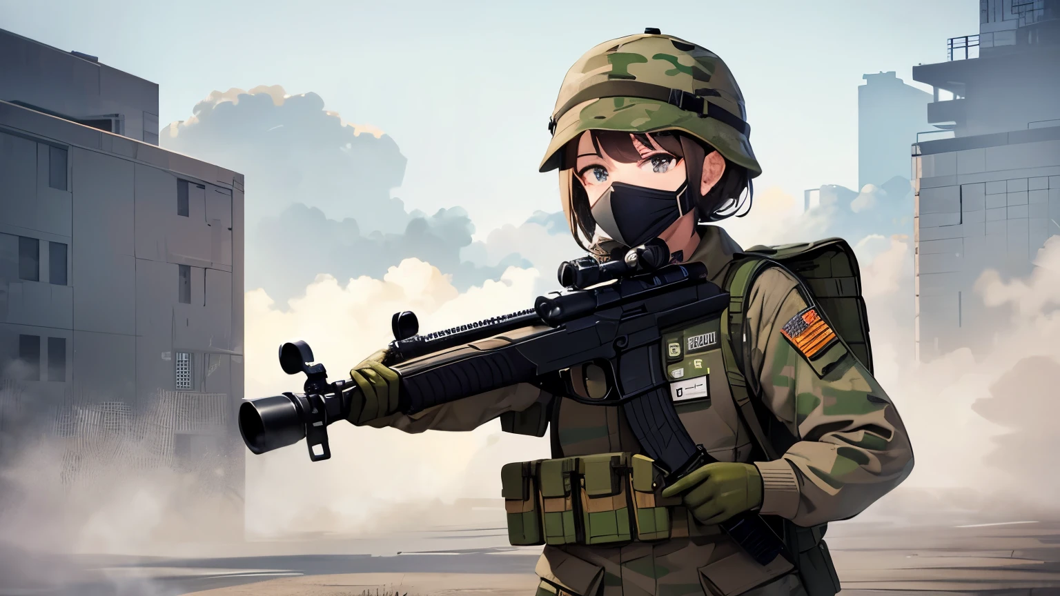 Female soldier in a camouflage suit with a rifle in her hand she is wearing a gas mask and is standing in front of a tank