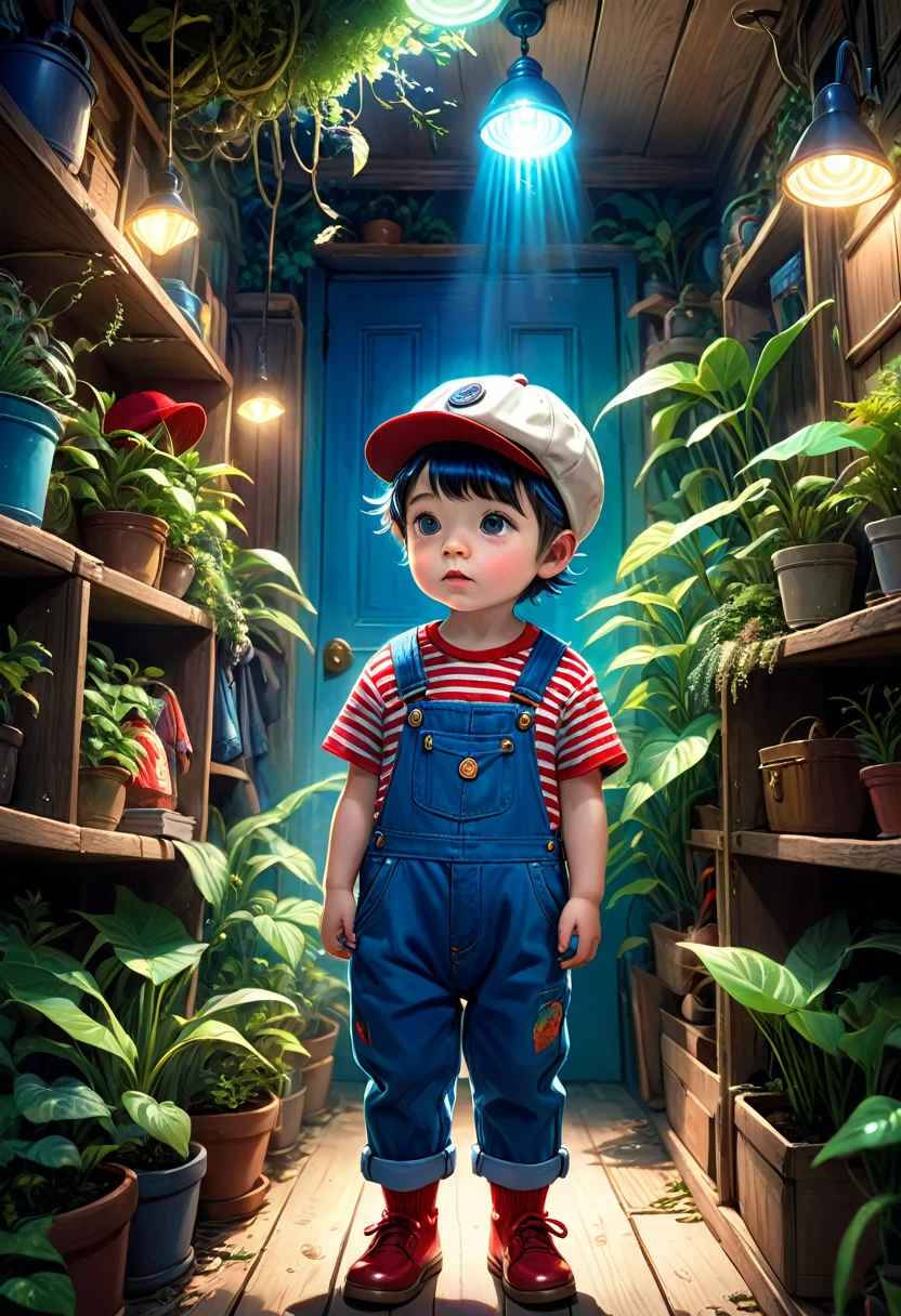 A toddler boy in blue overalls, a red and white striped t-shirt and a peaky blinder cap discovers a hidden world inside her wardrobe, full of Ghibli-inspired mystical creatures and glowing plants, volumetric lighting, vibrant colors, dreamlike, fantasyart, perfect composition, masterpiece