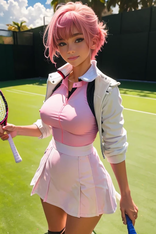 and 8K,premium,real image,intricate details,超High resolution,depth field,masseter piece,natural soft light,Professional lighting,1 girl in,(cute little:1.2),an extremely beautiful 17 year old girl,A detailed eye,((pink eyes)),(pink hair),(with short hair),(fringe),Perfect skin,shiny skin,white and light skin,thin skin,((perfect anatomy,good hand,perfect hand,Five fingers connected to the palm of the hand.,precise hands without incongruity)),Perfect raw legs,delicate legs,perfect proportions,tennis player,perfect face,big and full breasts, big hard nipples, convex buttocks,white polo shirt,Short white pleated skirt,White sports socks,WHITE TENNIS,High ponytail,a wet body,Shake the paddle,sunny day,clouds, Thigh closeup, Focus on the buttocks(thin smile)),(out of home),(tennis coat)