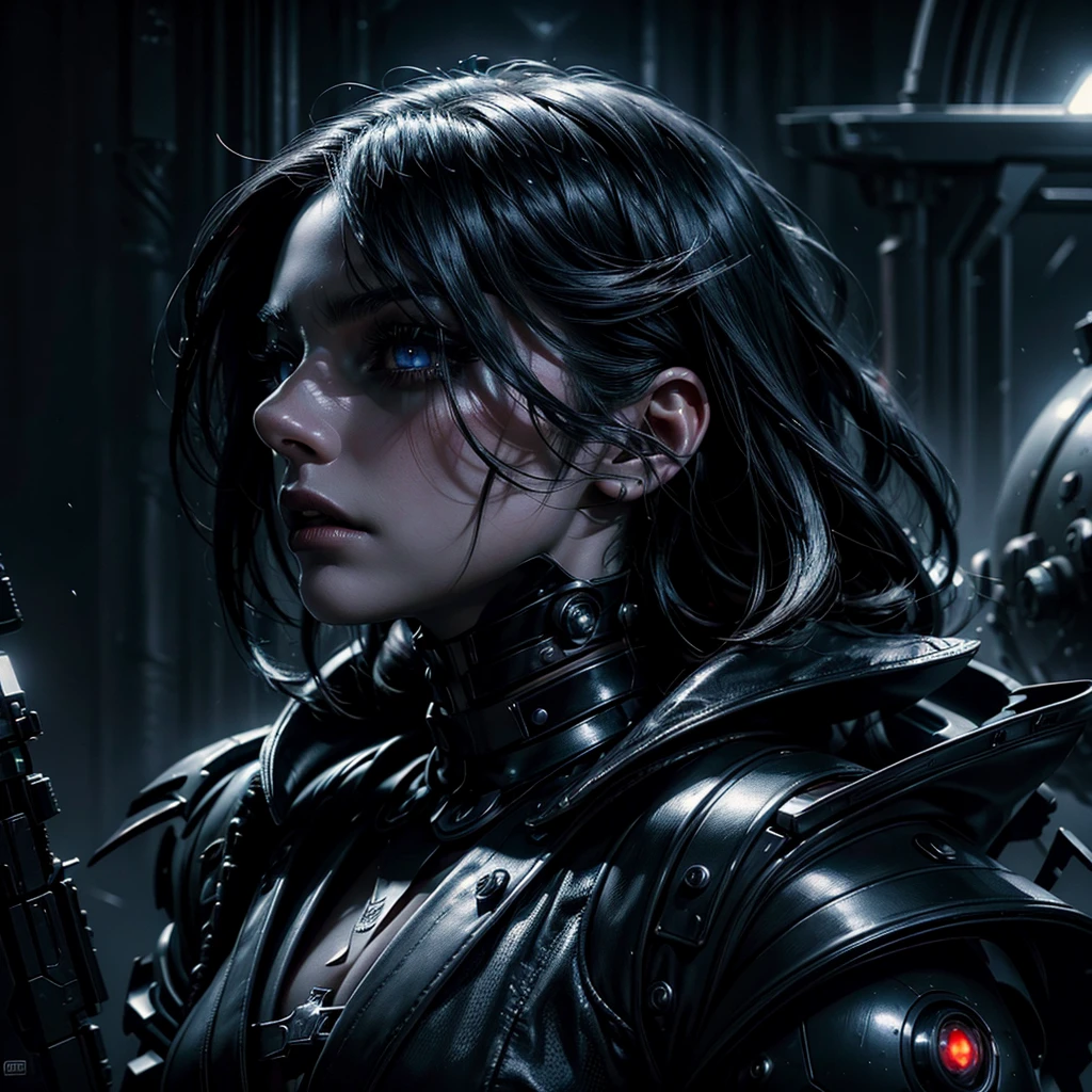 A dark vampire woman in a futuristic uniform, beautiful detailed eyes, beautiful detailed lips, extremely detailed eyes and face, longeyelashes, dramatic lighting, mysterious planet, hidden dark mysteries, cinematic composition, dramatic lighting, moody atmosphere, chiaroscuro, dark sci-fi, cyberpunk, 8k, highly detailed, photorealistic, masterpiece, cinematic