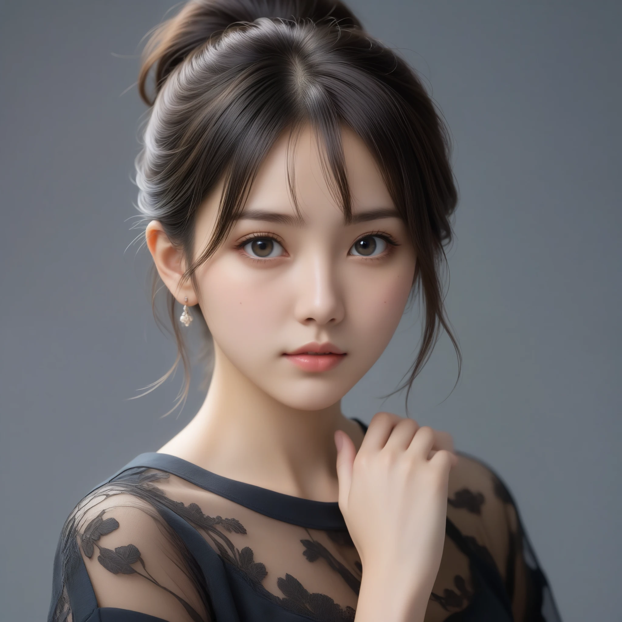 8k, Ultra-high resolution, Highest quality, masterpiece, 三分割法によるphotograph,Surreal, photograph, 1 Girl, (16 years old:1.3), pretty girl, Cute Face, 細部までBeautiful Eyes, 細かくdetailedに,masterpiece,One Girl:1.2,Japan Female Teachers,extream close up,sad,streaming tears,Black short hair,Messy bun hair,(印象派の美しい少女のPortraiture), (Gray background:1.3),(Impressionist light and colour), (Black see-through shirt:1.3), Perfect dynamic composition,Beautiful Eyes、Big earrings,Realistic Skin, Perfect and beautiful face ,完璧でCute Face, Skin with attention to detail, Perfect limbs、Narrow waist,Looking at the audience,(((Ideal body type))),A cup small breasts :2,Portraiture:2,Perfect Anatomy,鮮明なdetailed,detailed,Surreal,Light and shadow,darkness