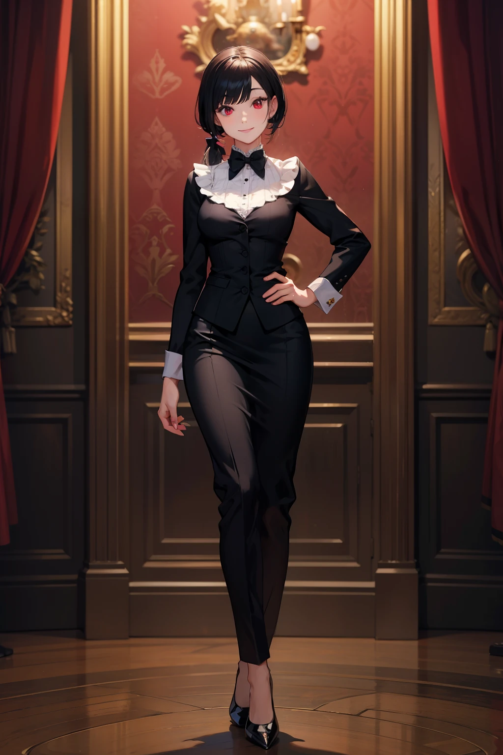 butler outfit, short black hair, pony tail, maroon red eyes, bangs, Gothic art, full body shot, elegant pose, smile, Romanticism, masterpiece, anatomically correct, high quality, super detail, best quality, 4K, 8k