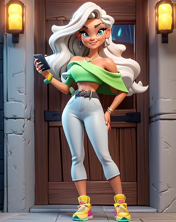 A photo from a 3D Disney movie of a pretty girl with long, mature and alluring 36 year old woman, standing at approximately 5'1" tall, has long blonde hair, wavy hair, has tan-olive skin, light green eyes, has a beautiful smile, ((slim, petite)), her breasts are C-cup, (Is wearing a yellow off-shoulder top, glossy black leggings, emerald earrings, silver bracelets and white sneakers), is wearing pink makeup, is wearing red lipstick, she's holding a cell phone. In the Pixar, Disney style, Unreal 8k octane rendering engine