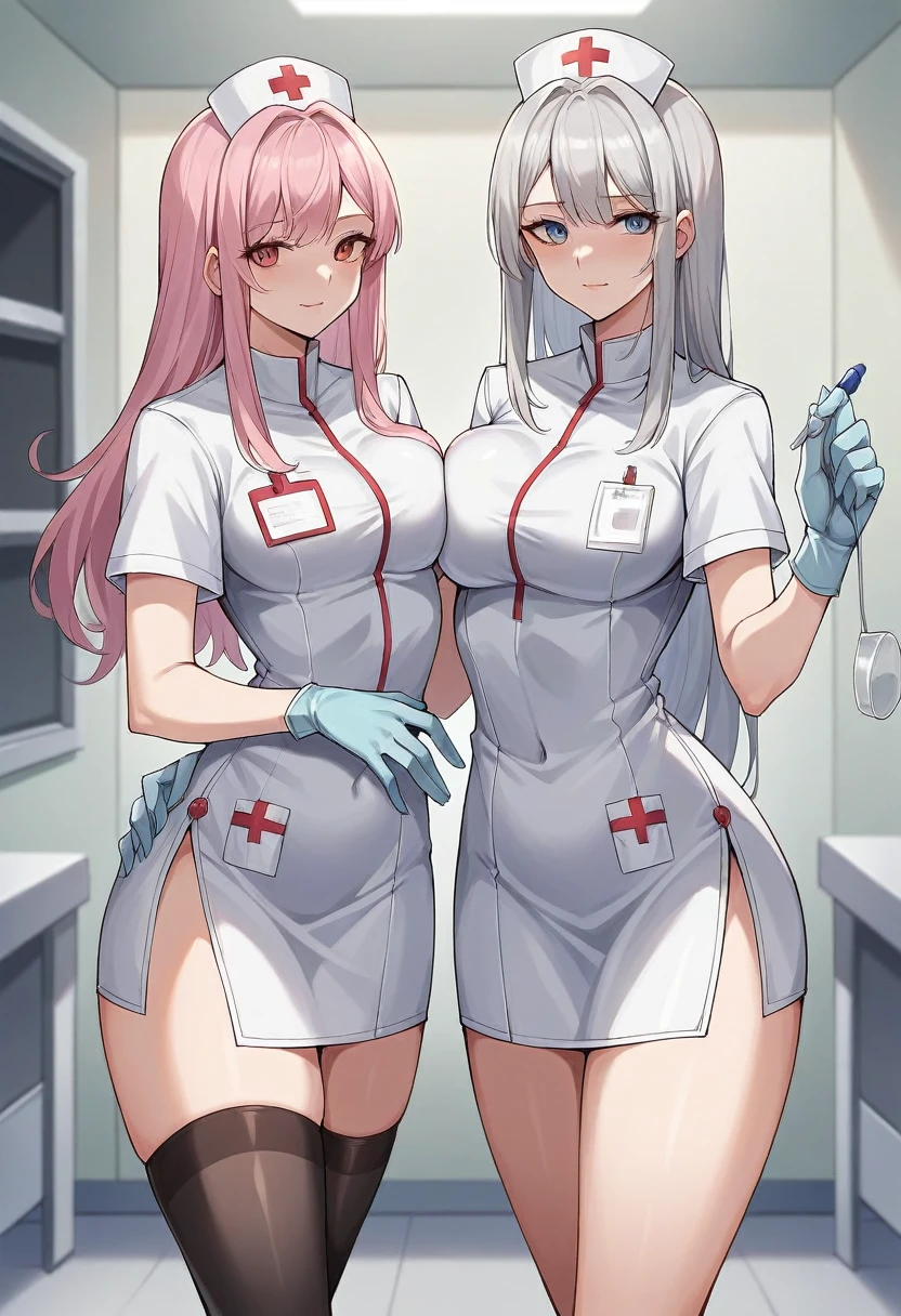 2girls, clinic, standing, looking at the viewer
1girl, gray hair, square haircut, round glases ((blue surgical gloves)), ((latex gloves)), doctor outfit, ((white doctor outfit)), mistress
2girl, pink hair, long hair, bangs, ((white medical gloves)), ((latex gloves)), nurse outfit, ((pink nurse outfit), dandere