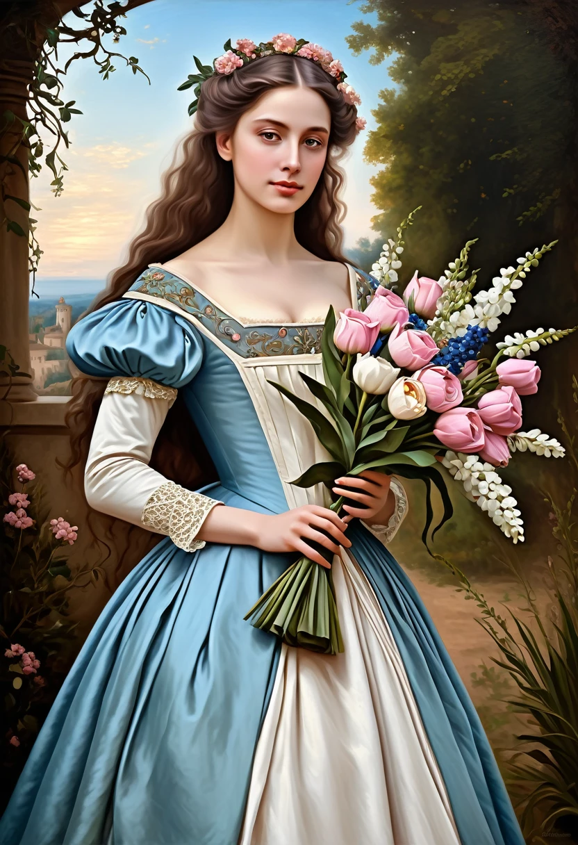 painting of a woman in a dress holding a bouquet of flowers, romanticism portrait, fantasy victorian art, romantic era painting, fantasy genre portrait, renaissance style painting, inspired by Théodore Chassériau, in a renaissance style, beautiful maiden, magali villeneuve', renaissance digital painting, romanticism painting, romanticism art style