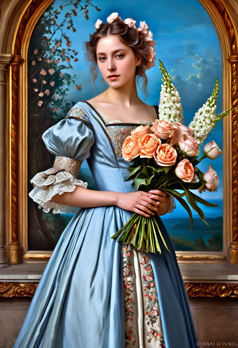 painting of a woman in a dress holding a bouquet of flowers, romanticism portrait, fantasy victorian art, romantic era painting, fantasy genre portrait, renaissance style painting, inspired by Théodore Chassériau, in a renaissance style, beautiful maiden, magali villeneuve', renaissance digital painting, romanticism painting, romanticism art style