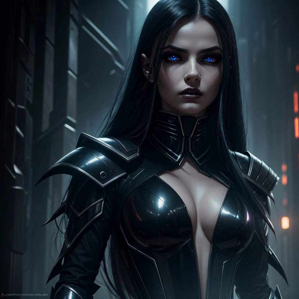 A dark vampire woman in a futuristic uniform, beautiful detailed eyes, beautiful detailed lips, extremely detailed eyes and face, longeyelashes, dramatic lighting, mysterious planet, hidden dark mysteries, cinematic composition, dramatic lighting, moody atmosphere, chiaroscuro, dark sci-fi, cyberpunk, 8k, highly detailed, photorealistic, masterpiece, cinematic