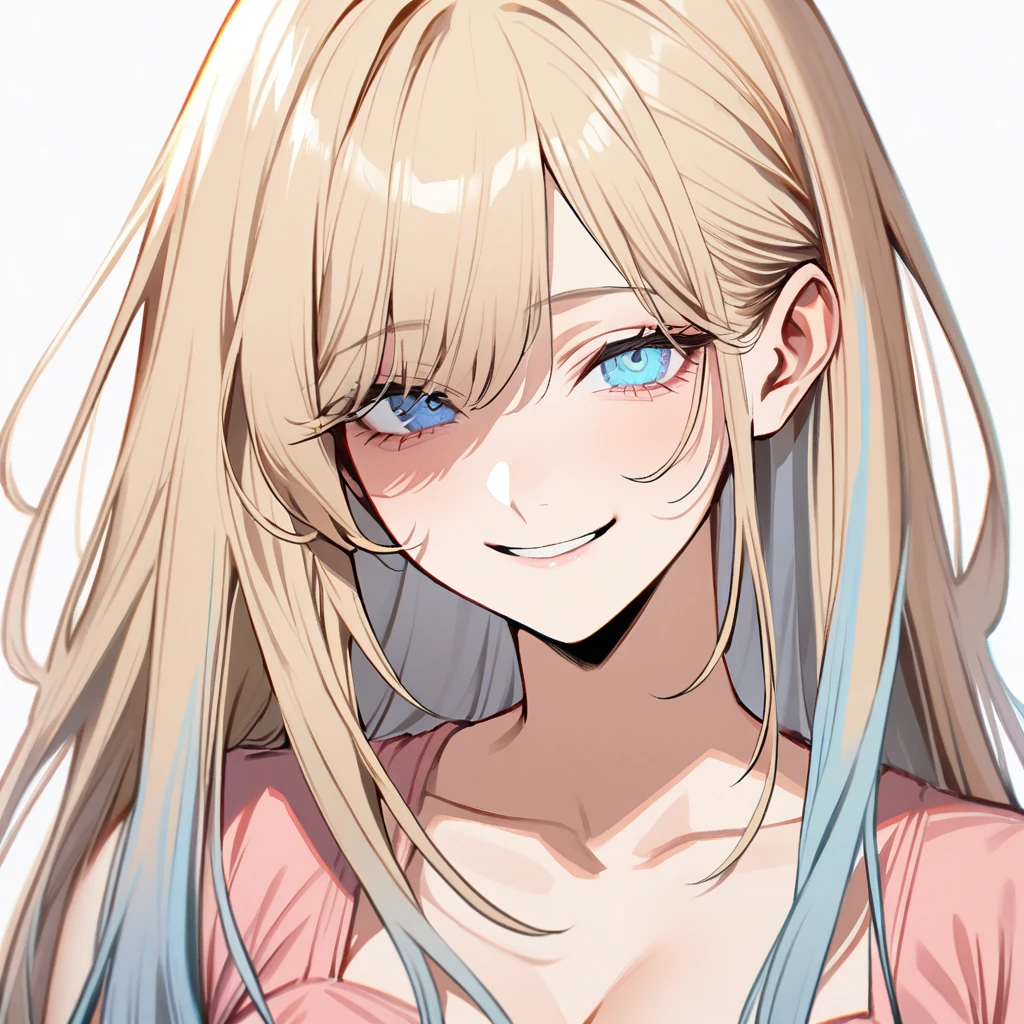 1 woman, long hair, light blonde hair, hair with light blue tips, light blue eyes, pink dress, (large breasts), tilted face, smiling, white background,chainsaw man style 
