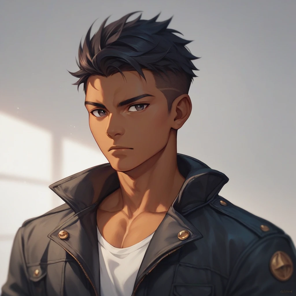 Solo, male,dark hair, mid-length hair, dark eyes, cool outfit, bare face, handsome, olive skin