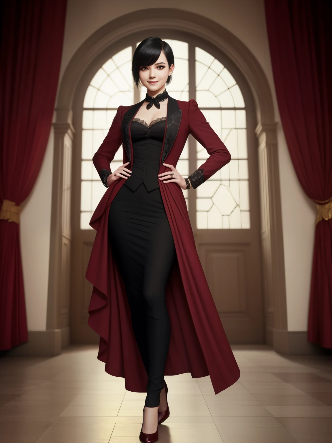 butler outfit, short black hair, pony tail, maroon red eyes, bangs, Gothic art, full body shot, elegant pose, smile, Romanticism, masterpiece, anatomically correct, high quality, super detail, best quality, 4K, 8k