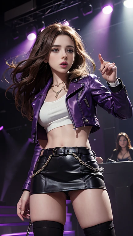 a beautiful girl with long curly hair wearing a purple leather jacket, mini skirt, socks, cord, and chain jewelry, posing on a stage decorated in a realistic nightclub environment with spot lighting, bright lights, and a fog effect, creating a rock star vibe similar to Scarlett Johansson
