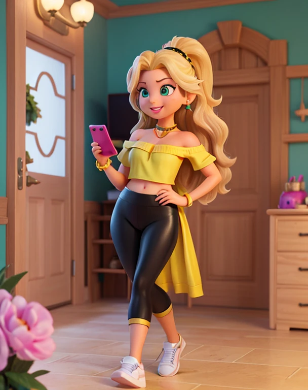 A photo from a 3D Disney movie of a pretty girl with long, mature and alluring 36 year old woman, standing at approximately 5'1" tall, has long blonde hair, wavy hair, has tan-olive skin, light green eyes, has a beautiful smile, ((slim, petite)), her breasts are C-cup, (Is wearing a yellow off-shoulder top, glossy black leggings, emerald earrings, silver bracelets and white sneakers), is wearing pink makeup, is wearing red lipstick, she's holding a cell phone. In the Pixar, Disney style, Unreal 8k octane rendering engine