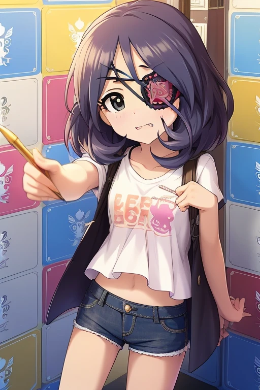 Hayasaka Mirei,purple hair,multicolored hair,fang,brown eyes,short hair,eyepatch,tummy,white shirt,Denim shorts,shorts rolled,