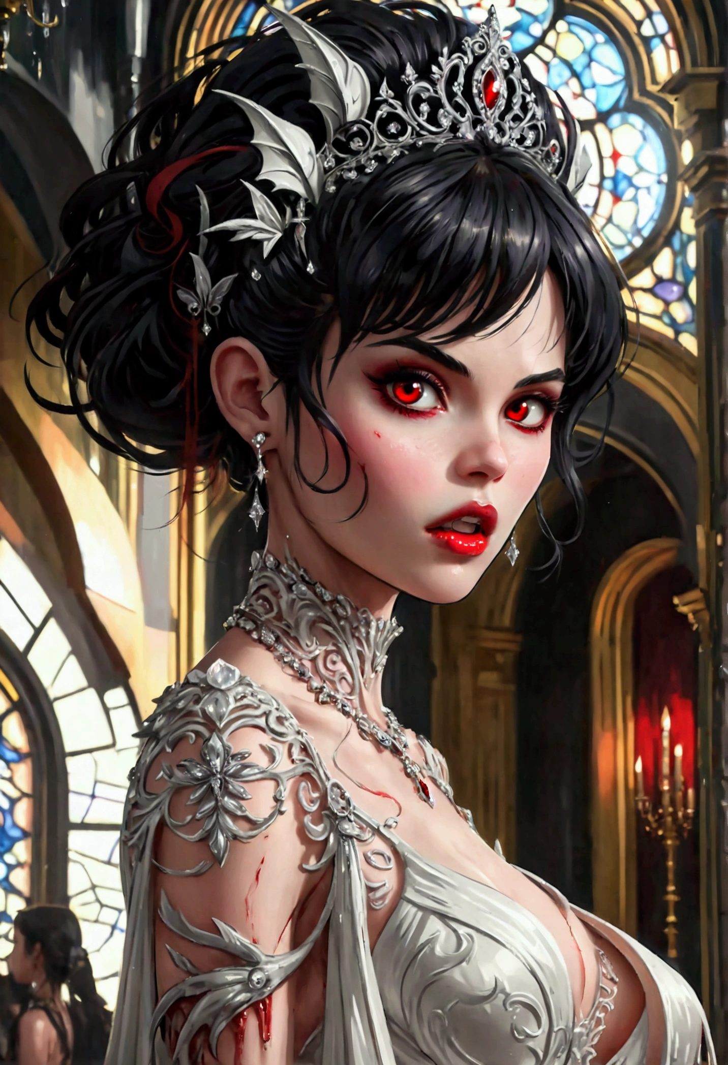 a glamour picture shot, of an elite vampire model, walking on a (dark catwalk: 1.2), an extraordinary glamourous elite female vampire model, ((full body: 1.5)),  ((anatomically correct: 1.5), (ultra detailed face: 1.2), best detailed face, black hair, long hair, lush hair, glam hair cut, red eyes, delicate face, light make up, wearing intricate white detailed dress, glamour dress, haute couture dress, elite fashion dress, white dress, decorated with diamonds,  small cleavage, wearing high heels, elegant high heels, she wears diamond necklace, elite fashion show background, vibrant, Hyperrealism style, vibrant, Ultra-high resolution, High Contrast, (masterpiece:1.5), highest quality, Best aesthetics), best details, best quality, highres, ultra wide angle, 16k, [ultra detailed], masterpiece, best quality, (extremely detailed) RAW, chumbasket art style, rpg portrait, photograph, BloodSoakedAI, vampire teeth