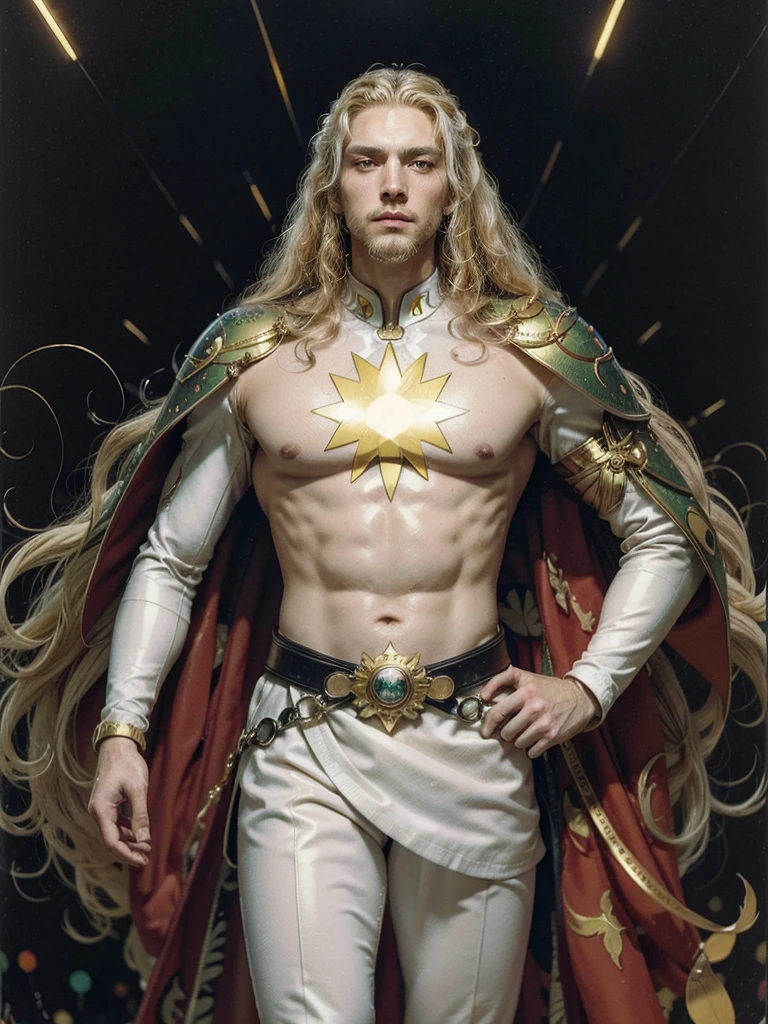 (masterpiece, best quality:1.2),illustration art，Kusama Yayoi's style，a tall man，athletic figure，manly man，white Skin detail processing，The flaming green eyes are very detailed，golden long hair，wavy hair，slim and sturdy，wearing a red and gold armor，white cape，golden gloves，white boots，holding a sword，(((Speckled pattern)))，white，yellow，