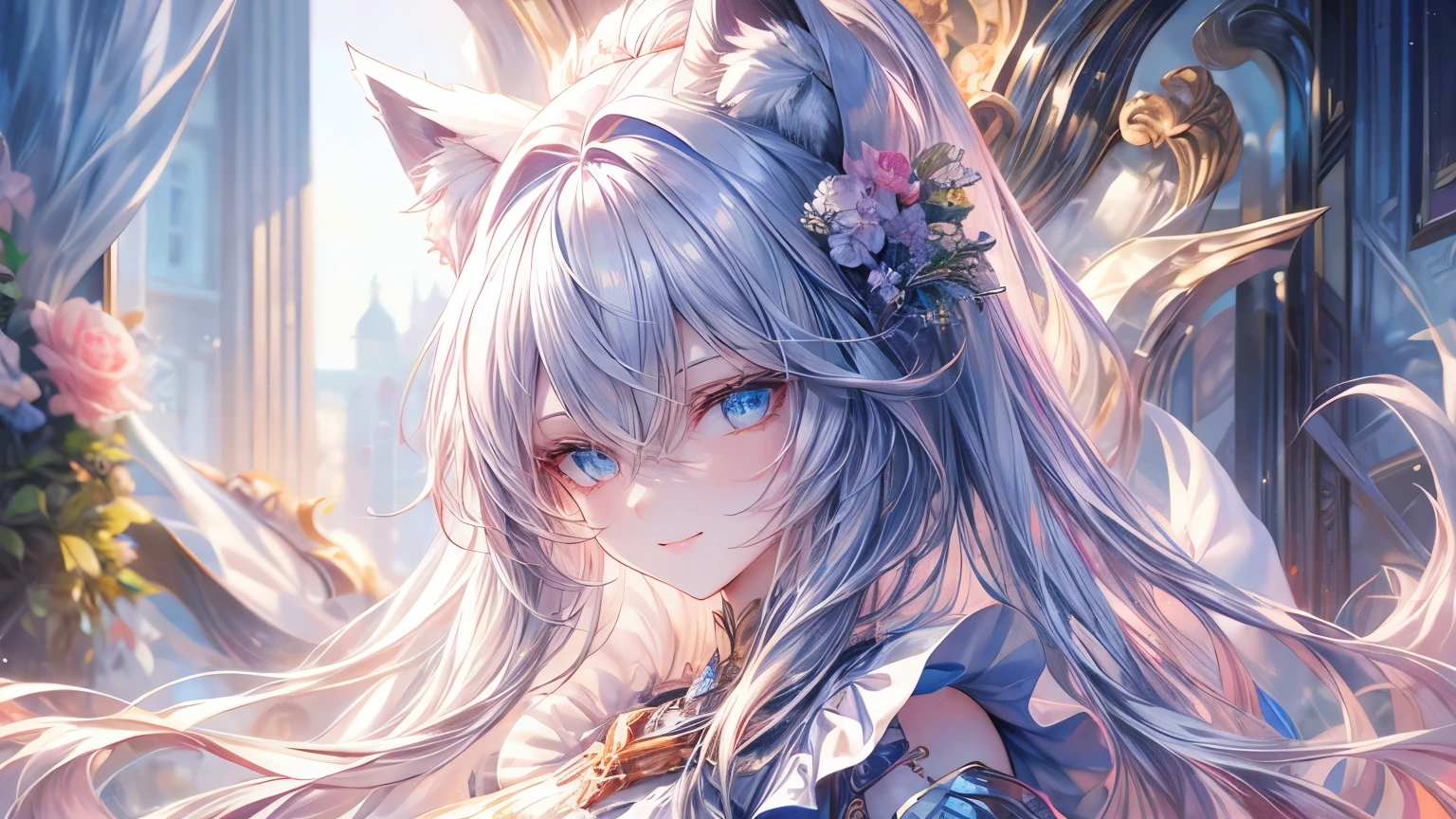 dynamic angle, illustration, upper body, 1girl, smile, detailed eyes, hair between eyes, streaked hair, long hair, noble, frilled dress, jewel, wolf ears, wolf tail