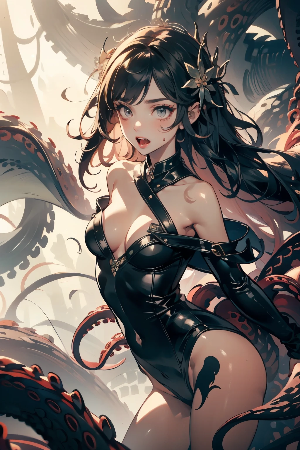  ((best quality)), ((masterpiece)), (detailed), 1 fairy girl, off-shoulder sweater, a fairy, fairy girl, winged pixie girl, girl fairy, various different types of insect wings, small breasts, NSFW，tentacle-like vines, Covered with tentacles, encoiled by tentacles, Tentacles around the body, many tentacles, captured by tentacles, bound by tentacles, trapped by tentacles, Fine details，Tentacled，Tied with tentacles, roaming tentacles, drooling，Crying，horrified expression, panic, fight for survival, helplessness, Detailed body，Full limbs，NSFW, being pulled into a flower, wild environment, jungle, terrifying floral environment, horrific nature, predatory flora, fairy catcher, fairy trapper, fairy catcher plant, tentacle-like vines, fairy trapper-plant, fairy catcher flower, tentacle-like vines, fairy trapper-flower inspired by carnivorous plants; a plant occupying the equivelant evolutionary niche as a spider would 