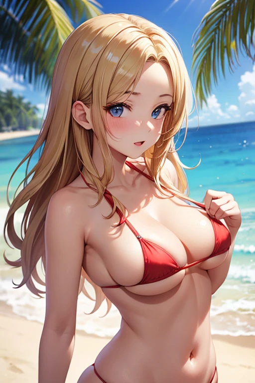 One Woman, Highest quality, masterpiece, Super Resolution, Large Breasts, Red micro bikini, Idol, Beauty, Underboob, Sideboob, Beach, from the front, Cleavage, 8k, High resolution eyes, High-resolution contours, Mature Woman, Married Woman, Adult charm, 大人のsex appeal, Forehead visible, Stylish, Sexy expression, Mother, High-resolution pupils, blush, Droopy eyes, High resolution face, Blonde, deck, sexy, High resolution breasts, Ultra HD, Open your mouth, model, Emphasize the chest, Upper Body, sex appeal, High resolution mouth, Sandy Beach, Ocean, Standing posture,