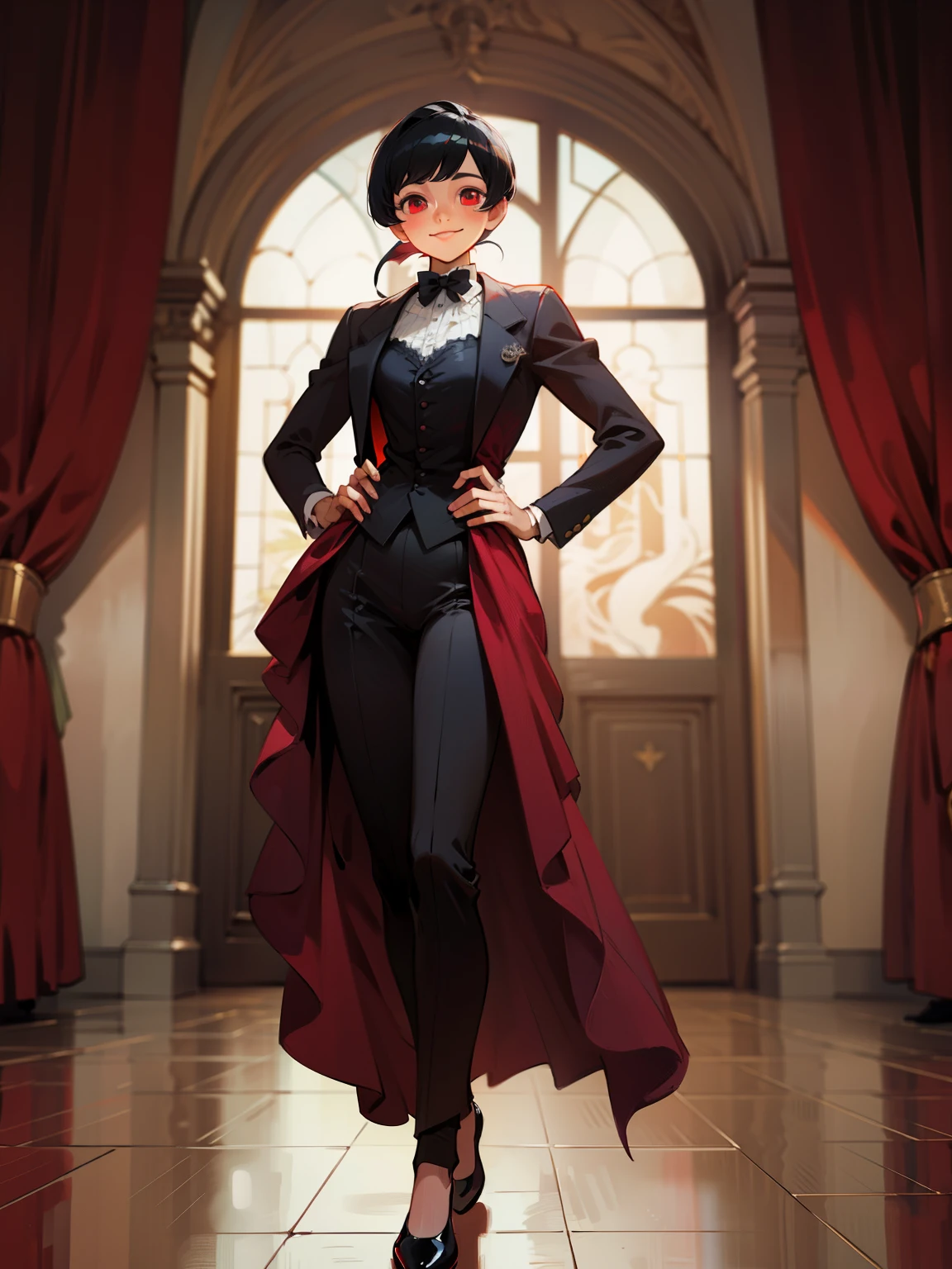 butler outfit, short black hair, pony tail, maroon red eyes, bangs, Gothic art, full body shot, elegant pose, smile, Romanticism, masterpiece, anatomically correct, high quality, super detail, best quality, 4K, 8k