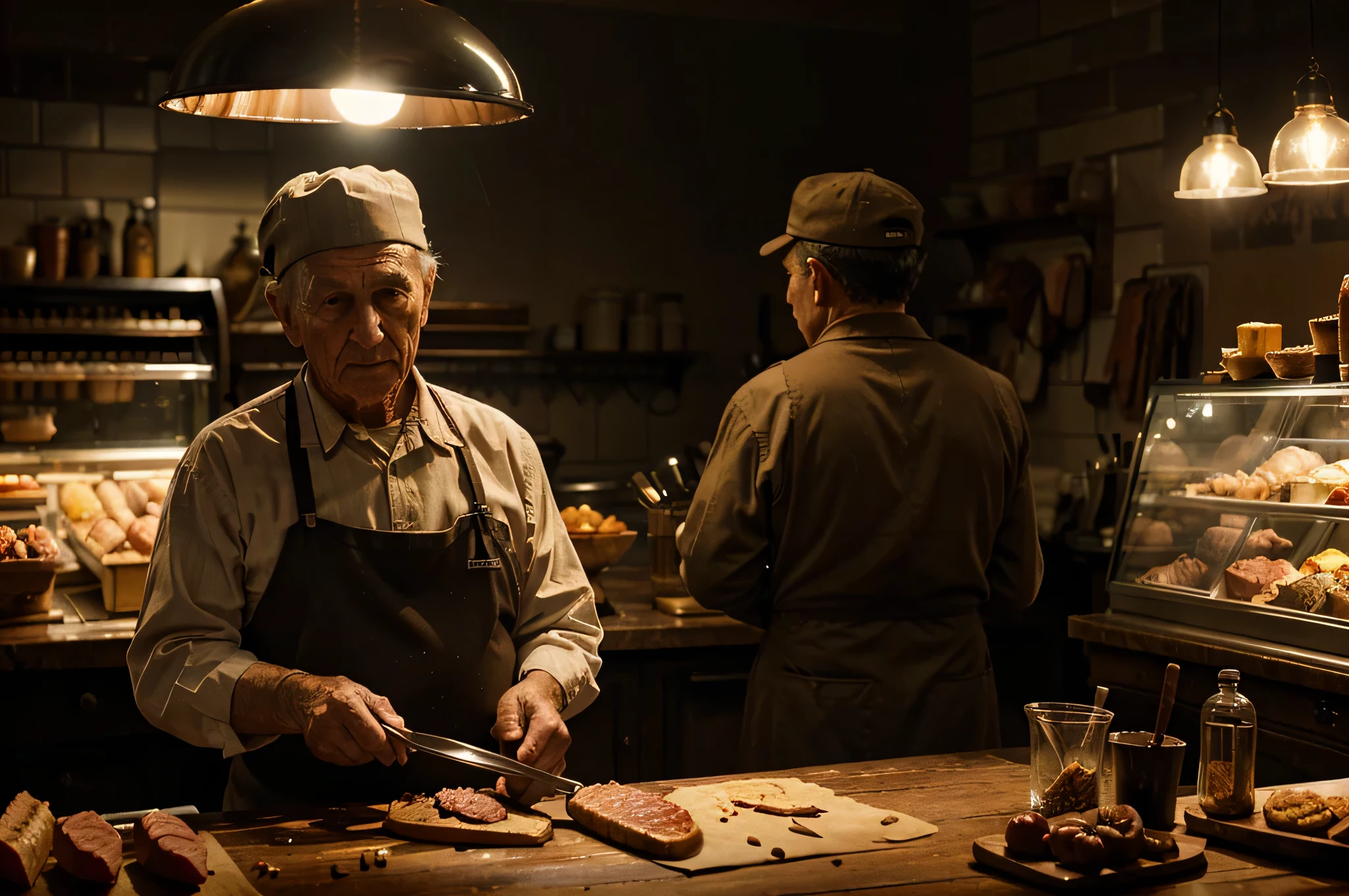 An ultrarealistic photo of an elderly butcher at work, intricate details, cinematic lighting,  Masterpiece, lights and shadows in style of edward hopper