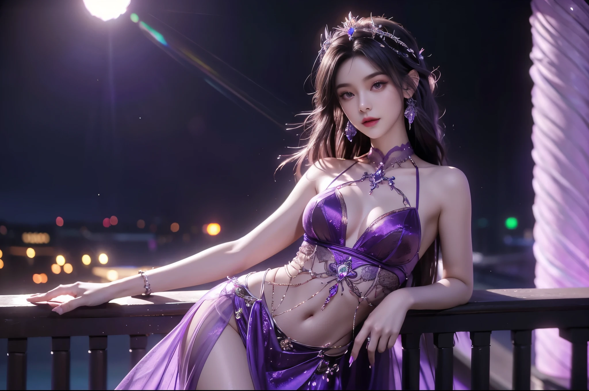 8K, UHD, MAsterpiece, best quality, 1 girl, (realistic face), happy pace, very long hair, small breasts, decorated dress, very beautiful ornaments dress, ((purple color)), ((lace)), mesh dress, sardine, loops, legendary night balcony, depth of field, cinematic lighting, chromatic aberration, motion blur, glowing light, god rays, ray tracing, reflection light, backlighting, navel,