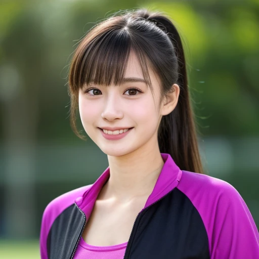 (kawaii 18 year-old Japanese girl, Nogizaka idol, Korean idol, track and field player), healthy female athlete body, (glossy black hair, high ponytail, bangs:1.2), beautiful black eyes, rounded face, single eyelid, (no makeup:1.2), (big laughing), (light pink track jacket, sports leggins), extra small breasts, BREAK, (park background, turf, summer, sunny daytime:1.2), (dynamic angle, bust shot:1.2), BREAK, (masterpiece, best quality, photo realistic, official art:1.4), (UHD, 8K quality wallpaper, high resolution, raw photo, golden ratio:1.3), (shiny skin), professional lighting, physically based rendering, award winning, (highly detailed skin texture, extremely detailed face and eyes textures), Carl Zeiss 300 mm F/2.8, depth of field, (1girl, solo),
